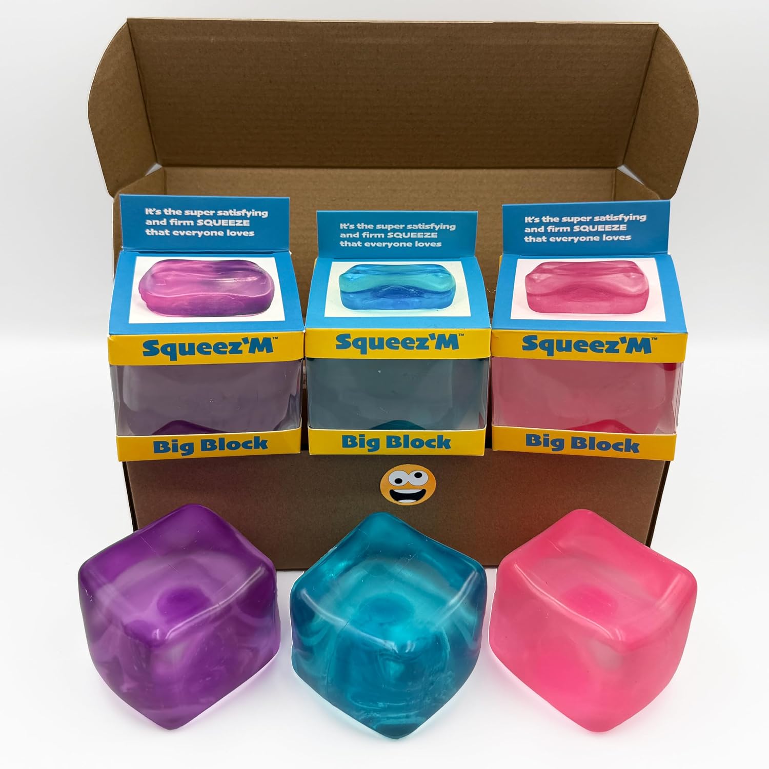 Original Big Block Premium Stress Cube 3 Pack – Purple, Blue & Pink Squishy Fidget Toy Set for Kids & Adults